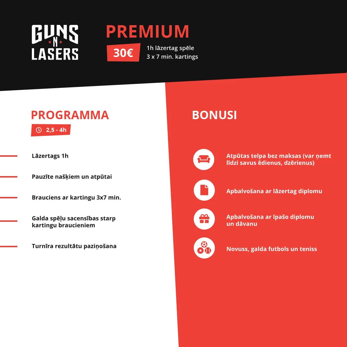 Cenrādis Premium pakai - lāzertags + elektro-kartings