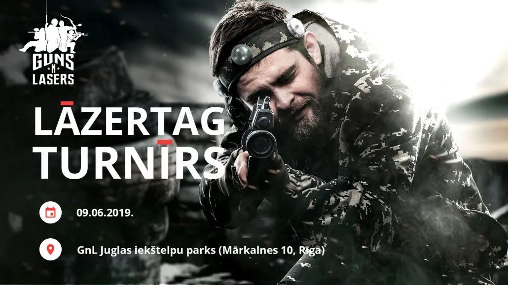 GUNSnLASERS lāzertaga turnīra afiša Juglas parkā