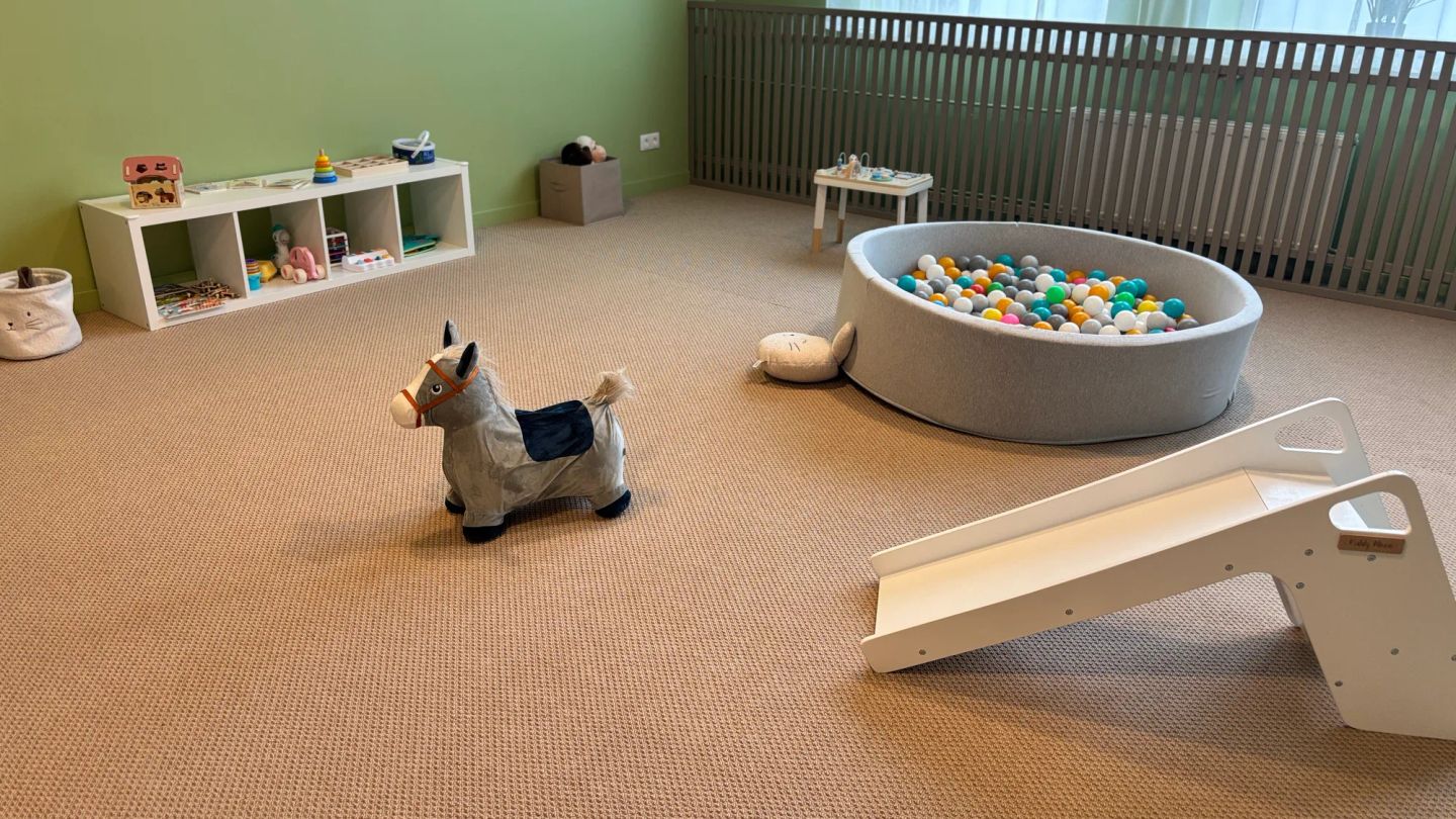 A playroom with various toys, including a rocking horse, books and puzzles.
