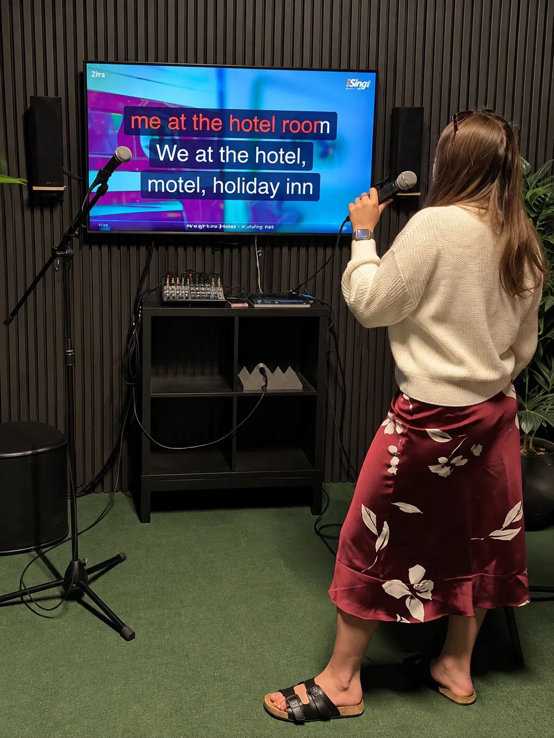 A girl singing a Pitbull song in a karaoke room.